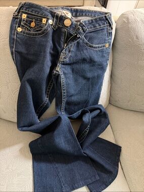 True Religion Navy Blue Bootcut Jeans with Gold Stitching